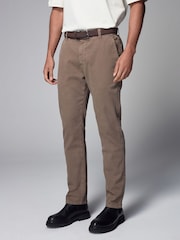 Tan Brown Slim Fit Belted Soft Touch Textured Trousers - Image 1 of 11