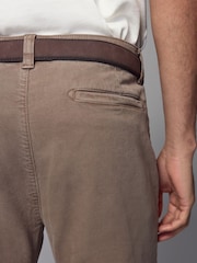 Tan Brown Slim Fit Belted Soft Touch Textured Trousers - Image 6 of 11