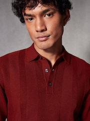 Rust Red/Orange Regular Fit 100% Cotton Knitted Textured Stripe Polo Shirt - Image 1 of 8