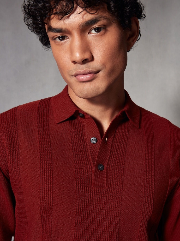 Rust Red/Orange Regular Fit 100% Cotton Knitted Textured Stripe Polo Shirt - Image 1 of 8