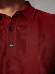 Rust Red/Orange Regular Fit 100% Cotton Knitted Textured Stripe Polo Shirt - Image 5 of 8