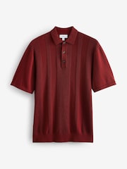 Rust Red/Orange Regular Fit 100% Cotton Knitted Textured Stripe Polo Shirt - Image 6 of 8