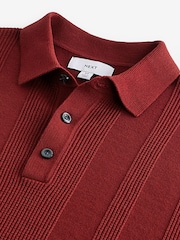 Rust Red/Orange Regular Fit 100% Cotton Knitted Textured Stripe Polo Shirt - Image 7 of 8