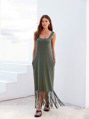 Khaki Green Fringe Summer Midi Dress - Image 1 of 6