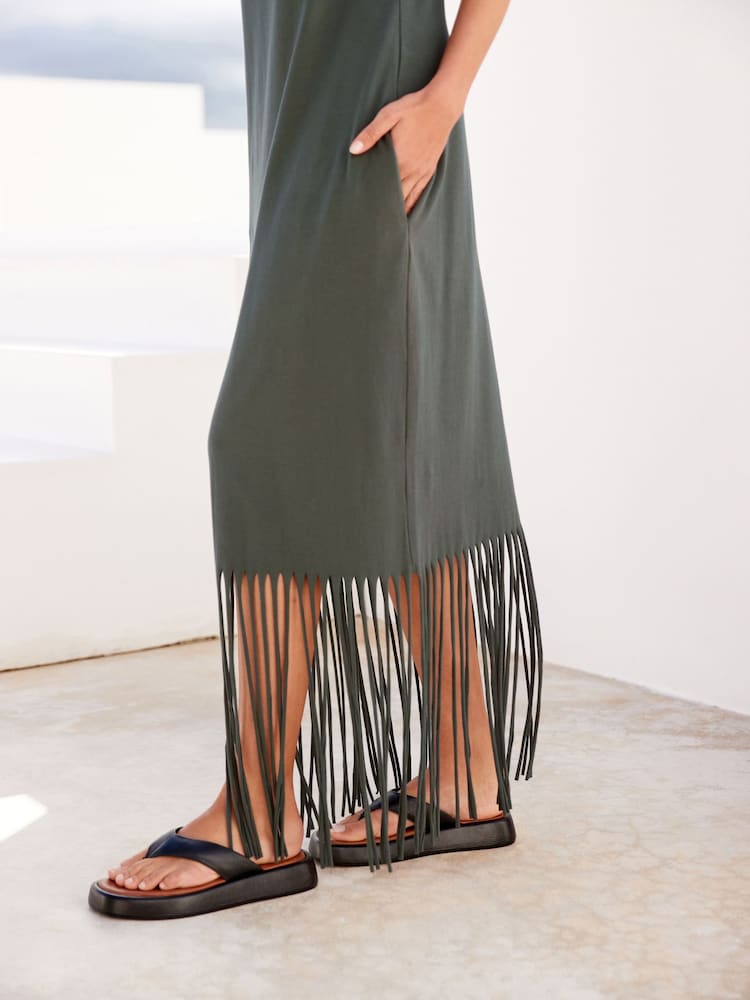 Khaki Green Fringe Summer Midi Dress - Image 4 of 6