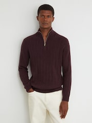 Reiss Bordeaux Melange Howard Cashmere Cable-Knit Half-Zip Jumper - Image 1 of 6