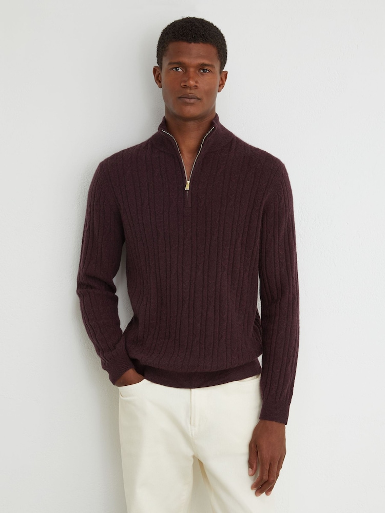 Reiss Bordeaux Melange Howard Cashmere Cable-Knit Half-Zip Jumper - Image 1 of 6 Reiss Bordeaux Melange Howard Cashmere Cable-Knit Half-Zip Jumper - Image 1 of 6