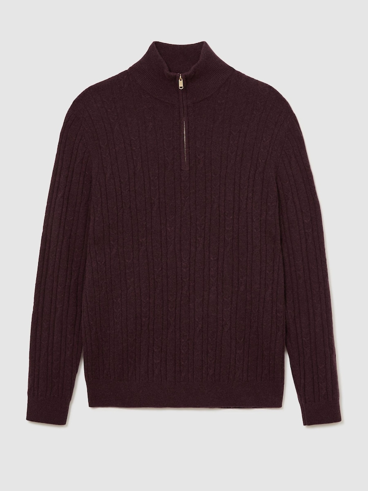 Reiss Bordeaux Melange Howard Cashmere Cable-Knit Half-Zip Jumper - Image 2 of 6 Reiss Bordeaux Melange Howard Cashmere Cable-Knit Half-Zip Jumper - Image 2 of 6