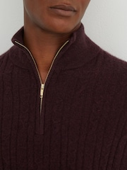 Reiss Bordeaux Melange Howard Cashmere Cable-Knit Half-Zip Jumper - Image 3 of 6