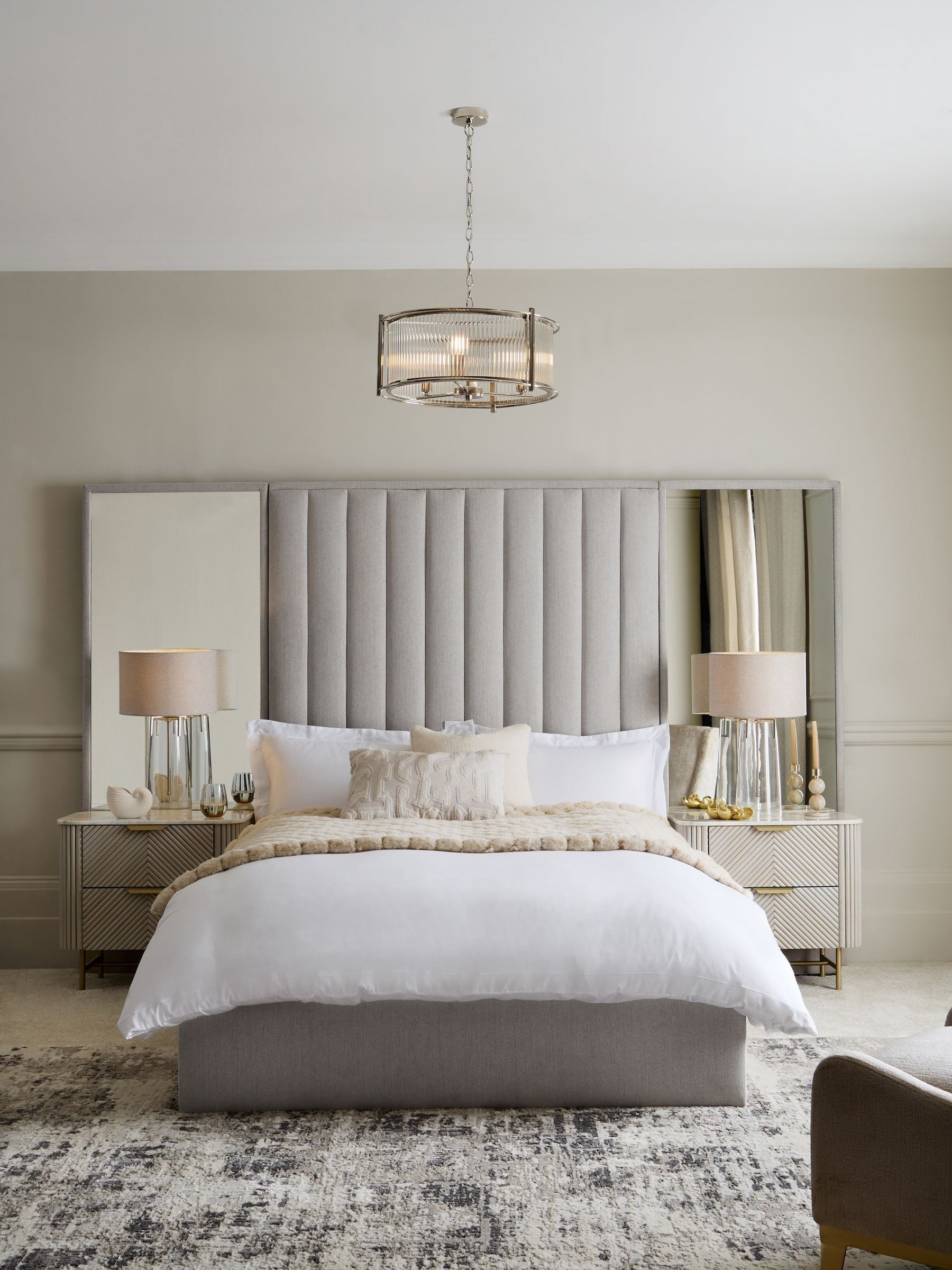 Buy Contemporary Blend Light Natural Cerys Upholstered Hotel Bed Frame with Ottoman Storage and Mirrors from the Next UK online shop