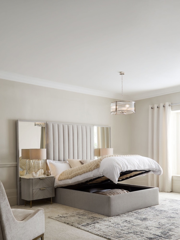 Contemporary Blend Light Natural Cerys Upholstered Hotel Bed Frame with Ottoman Storage and Mirrors - Image 2 of 8