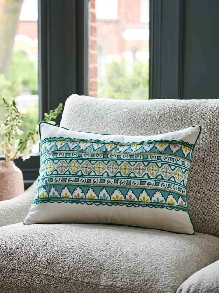 Nina Campbell Teal Blue Obi Embroidered Cushion - Image 1 of 5