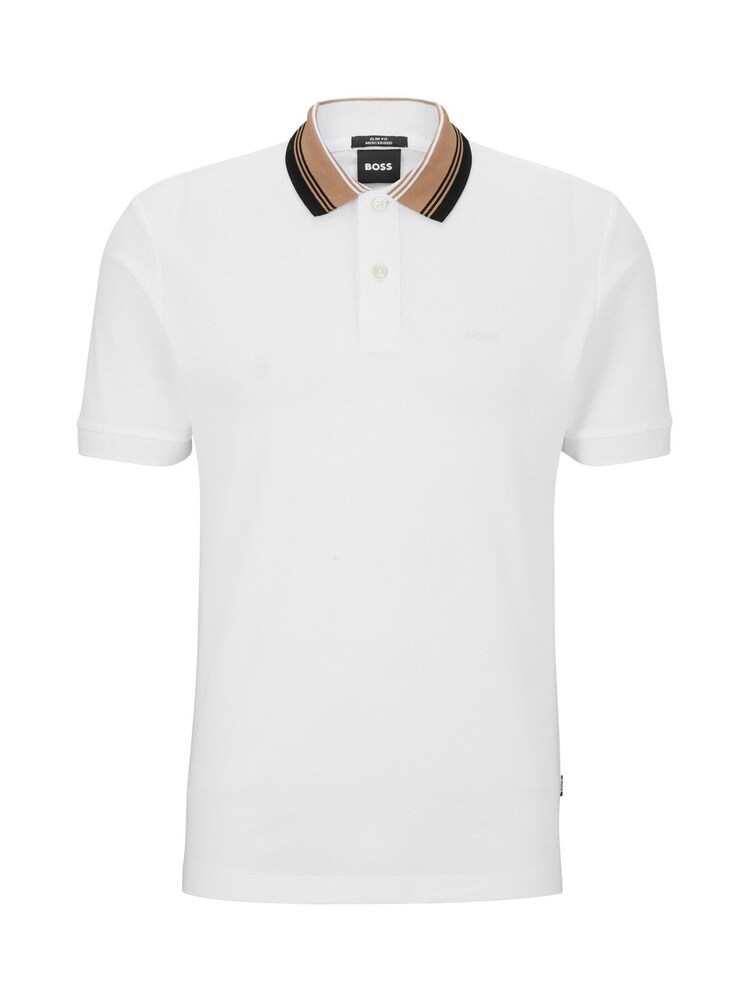 BOSS White Striped Collar Sim Fit Polo Shirt - Image 1 of 5