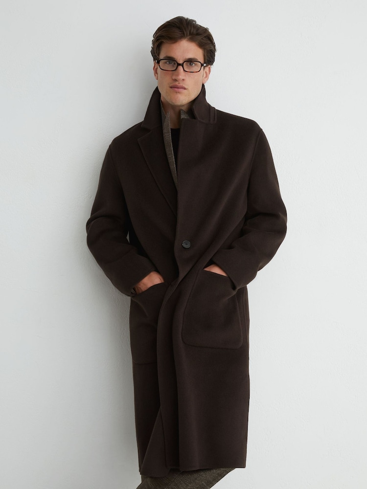 Reiss Dark Brown Eclipse Wool-Blend Blindseam Relaxed-Fit Coat - Image 1 of 8 Reiss Dark Brown Eclipse Wool-Blend Blindseam Relaxed-Fit Coat - Image 1 of 8