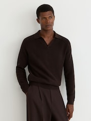 Reiss Chocolate Brown Spence Textured-Knit Open-Collar Jumper with Wool - Image 1 of 6