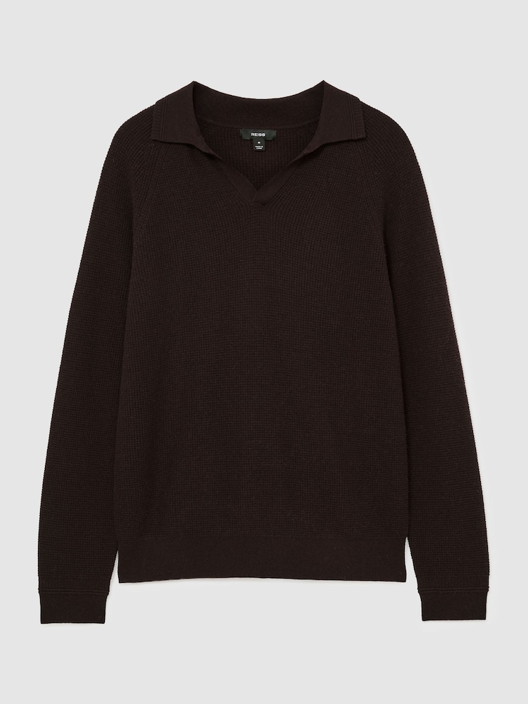 Reiss Chocolate Brown Spence Textured-Knit Open-Collar Jumper with Wool - Image 2 of 6 Reiss Chocolate Brown Spence Textured-Knit Open-Collar Jumper with Wool - Image 2 of 6