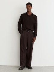 Reiss Chocolate Brown Spence Textured-Knit Open-Collar Jumper with Wool - Image 3 of 6