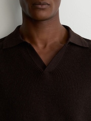 Reiss Chocolate Brown Spence Textured-Knit Open-Collar Jumper with Wool - Image 4 of 6