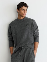 Reiss Charcoal Grey Archibald Monogram Embroidered Relaxed Wool Jumper - Image 1 of 8