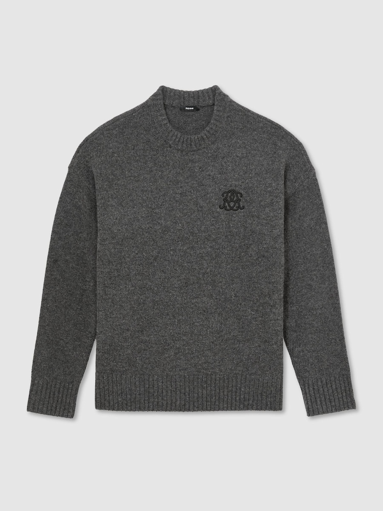 Reiss Charcoal Grey Archibald Monogram Embroidered Relaxed Wool Jumper - Image 2 of 8 Reiss Charcoal Grey Archibald Monogram Embroidered Relaxed Wool Jumper - Image 2 of 8