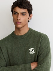 Reiss Dark Green Archibald Monogram Embroidered Relaxed Wool Jumper - Image 1 of 6