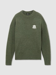 Reiss Dark Green Archibald Monogram Embroidered Relaxed Wool Jumper - Image 2 of 6