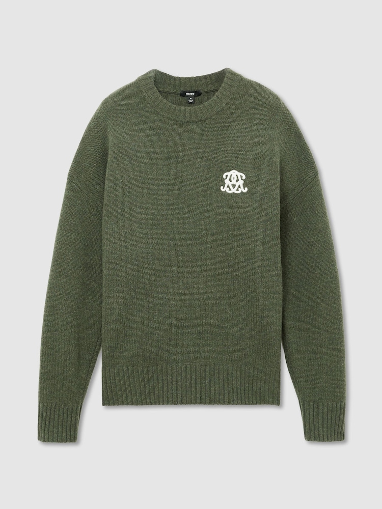 Reiss Dark Green Archibald Monogram Embroidered Relaxed Wool Jumper - Image 2 of 6 Reiss Dark Green Archibald Monogram Embroidered Relaxed Wool Jumper - Image 2 of 6