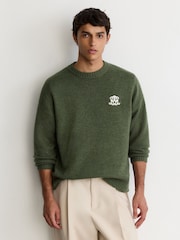 Reiss Dark Green Archibald Monogram Embroidered Relaxed Wool Jumper - Image 4 of 6