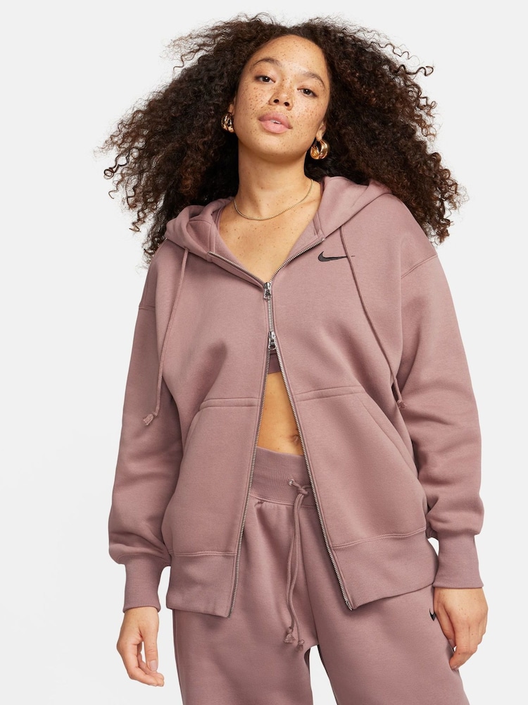 Nike Brown Oversized Mini Phoenix Fleece Swoosh Full Zip Hoodie - Image 1 of 12