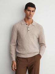 Reiss Oatmeal Hutton 100% Cashmere Cable-Knit Polo Jumper - Image 1 of 6