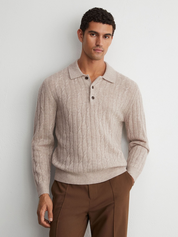 Reiss Oatmeal Hutton 100% Cashmere Cable-Knit Polo Jumper - Image 1 of 6