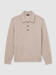 Reiss Oatmeal Hutton 100% Cashmere Cable-Knit Polo Jumper - Image 2 of 6