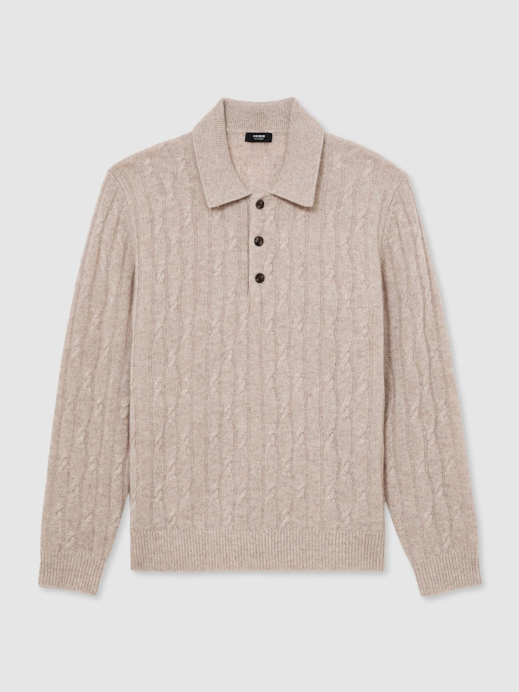 Reiss Oatmeal Hutton 100% Cashmere Cable-Knit Polo Jumper - Image 2 of 6