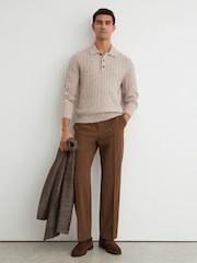 Reiss Oatmeal Hutton 100% Cashmere Cable-Knit Polo Jumper - Image 4 of 6
