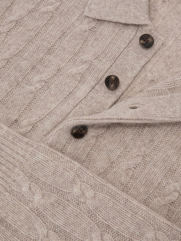 Reiss Oatmeal Hutton 100% Cashmere Cable-Knit Polo Jumper - Image 6 of 6