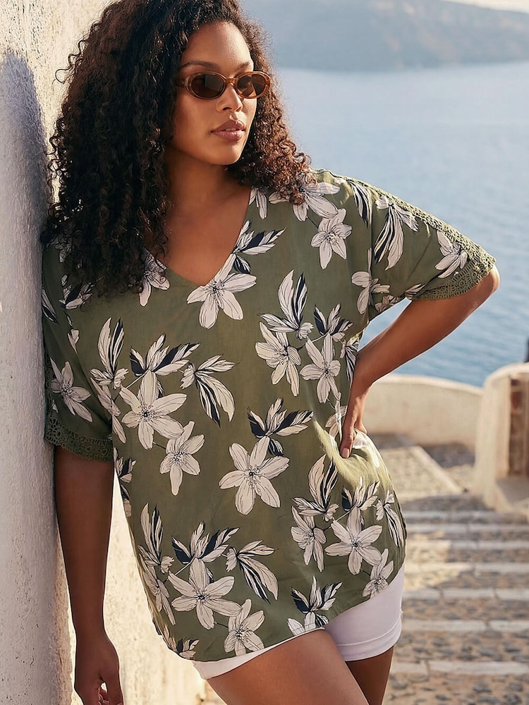 Roman Green Curve Floral Print Crochet Top - Image 1 of 4