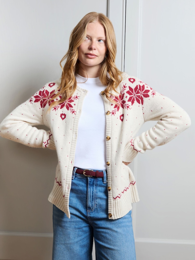 JoJo Maman Bébé Cream Women's Snowflake And Heart Cardigan - Image 6 of 6