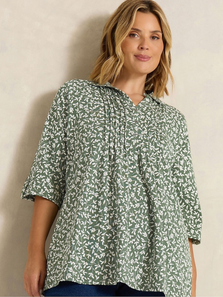 Evans Khaki Green Pintuck Henley Top - Image 1 of 6 Evans Khaki Green Pintuck Henley Top - Image 1 of 6