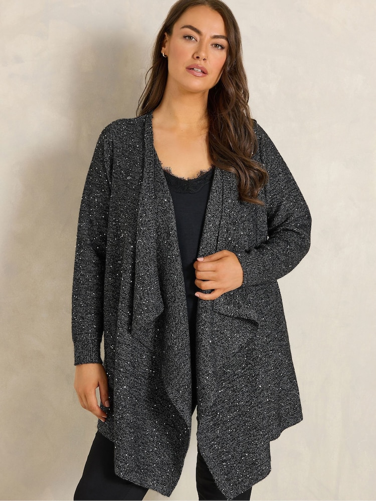 Evans Black Sequin Yarn Waterfall Cardigan - Image 1 of 6 Evans Black Sequin Yarn Waterfall Cardigan - Image 1 of 6