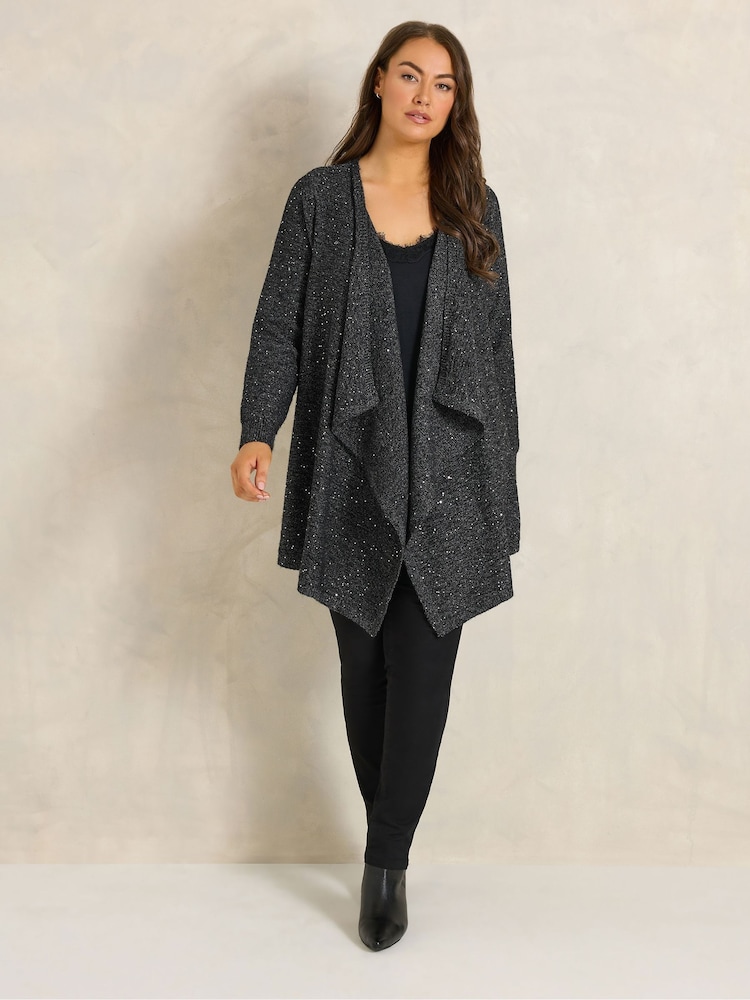 Evans Black Sequin Yarn Waterfall Cardigan - Image 2 of 6 Evans Black Sequin Yarn Waterfall Cardigan - Image 2 of 6