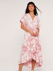 Apricot Pink Silhouette Palm Leaves Wrap Dress - Image 1 of 4