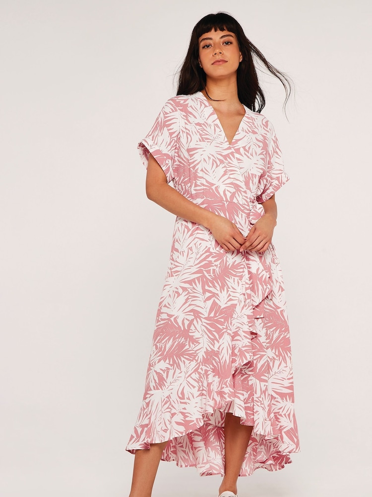 Apricot Pink Silhouette Palm Leaves Wrap Dress - Image 1 of 4