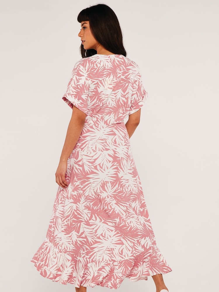 Apricot Pink Silhouette Palm Leaves Wrap Dress - Image 2 of 4
