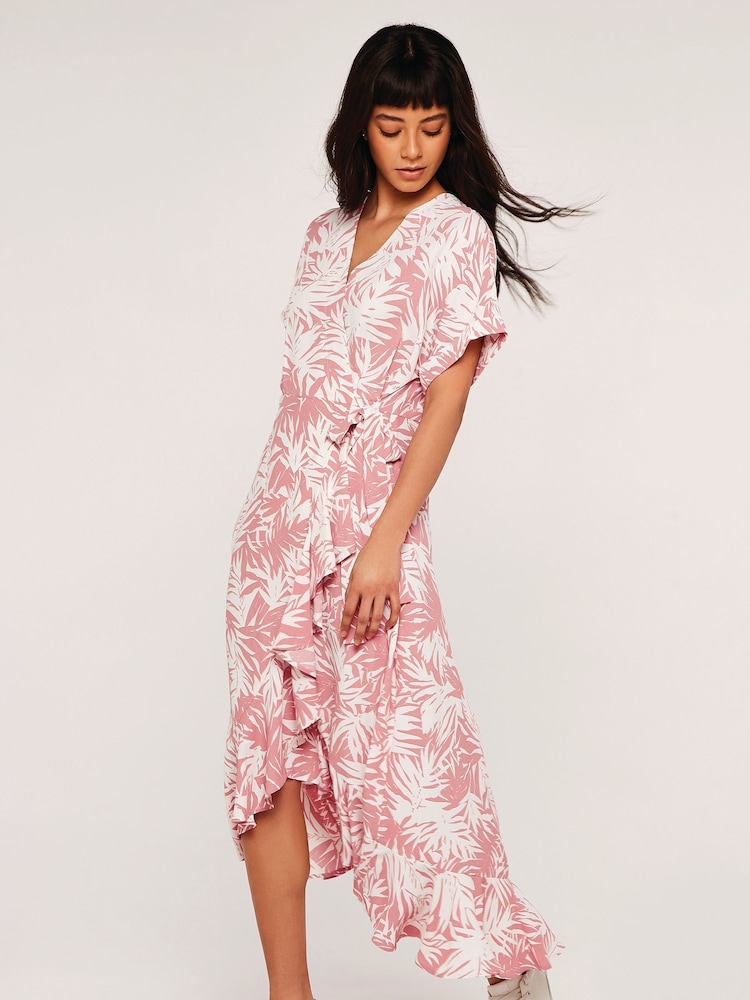 Apricot Pink Silhouette Palm Leaves Wrap Dress - Image 3 of 4