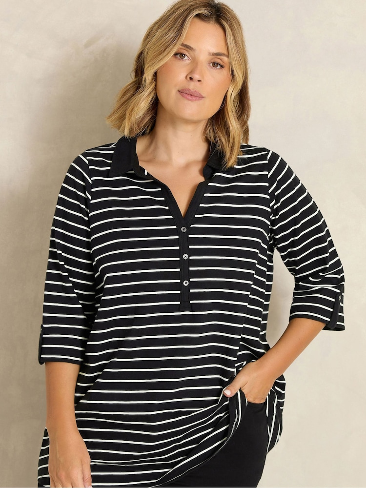 Evans Black Stripe Pintuck Henley Top - Image 1 of 6 Evans Black Stripe Pintuck Henley Top - Image 1 of 6