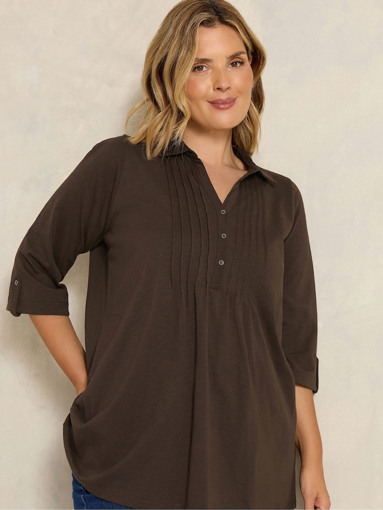 Evans Brown Pintuck Henley Top - Image 1 of 6 Evans Brown Pintuck Henley Top - Image 1 of 6