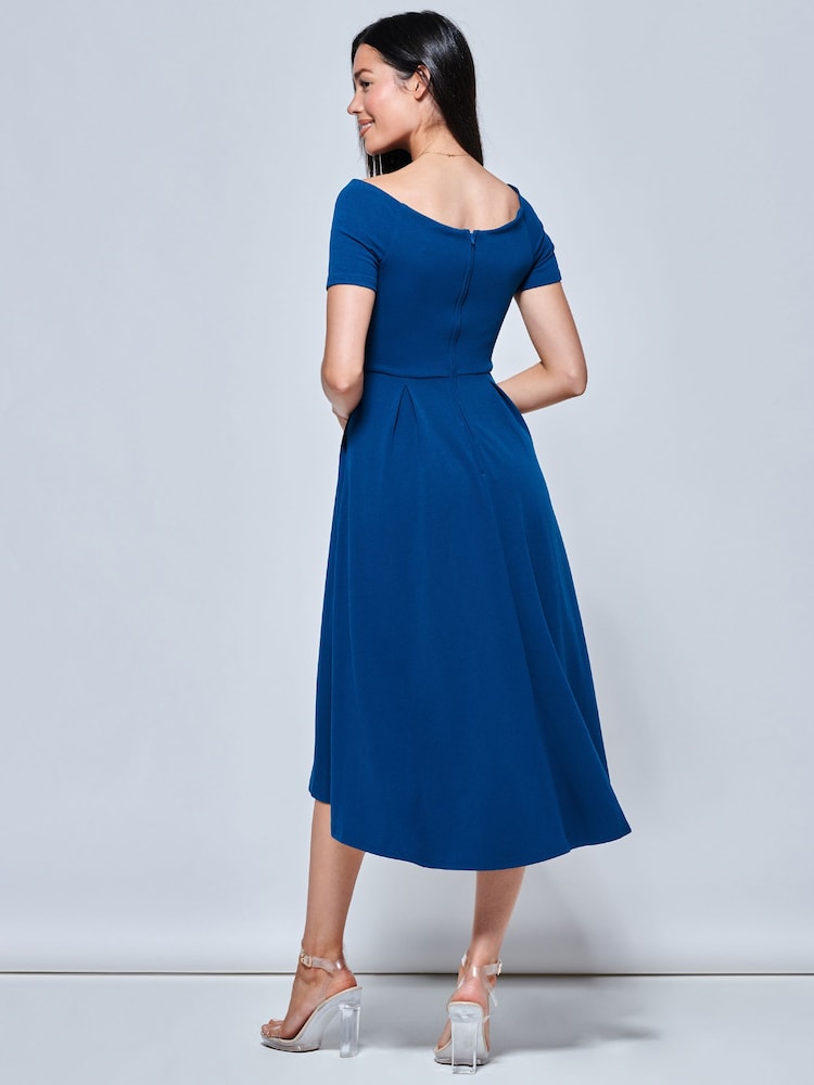 Jolie Moi Blue Off Shoulder Dip Hem Dress - Image 2 of 5 Jolie Moi Blue Off Shoulder Dip Hem Dress - Image 2 of 5