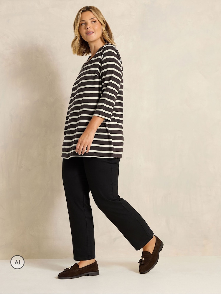 Evans Brown Stripe V-Neck Cotton Top - Image 2 of 6 Evans Brown Stripe V-Neck Cotton Top - Image 2 of 6