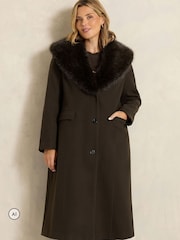 بني - Evans Faux Fur Collar Coat - صورة 1 من 6