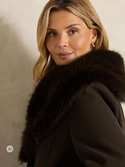 بني - Evans Faux Fur Collar Coat - صورة 4 من 6